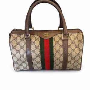 Gucci Beige GG Canvas Satchel with Brown Trim and Red & Green Web